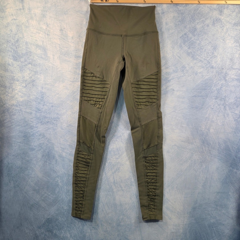 Alo Yoga Womens High-Waist‎ Moto Leggings Olive Green Mesh Panels XS